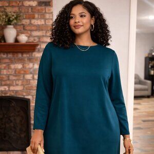 DKNY Jewel Neck Long Sleeve Shift Dress – Teal (Size 16) NWT